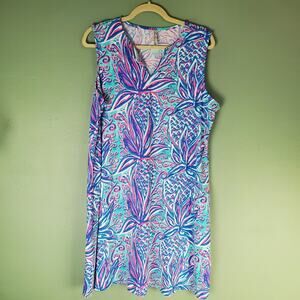 Lulu-B Womens Blue Pink White Pineapple Print V-Neck Sleeveless Dress Size XL